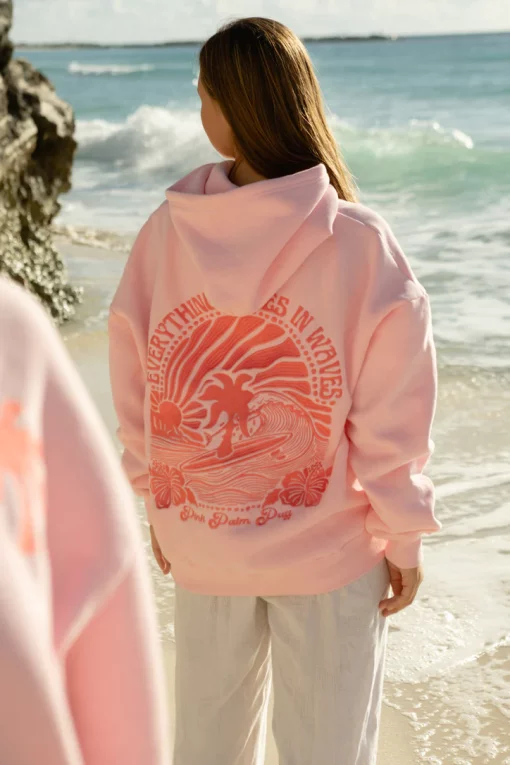 Pink Palm Puff “Everything Comes in Waves” Pink Hoodie