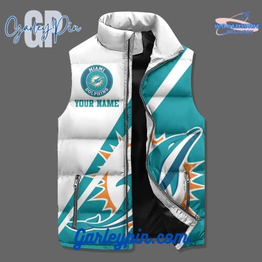 Miami Dolphins Go Fins Custom Name Sleeveless Puffer Jacket