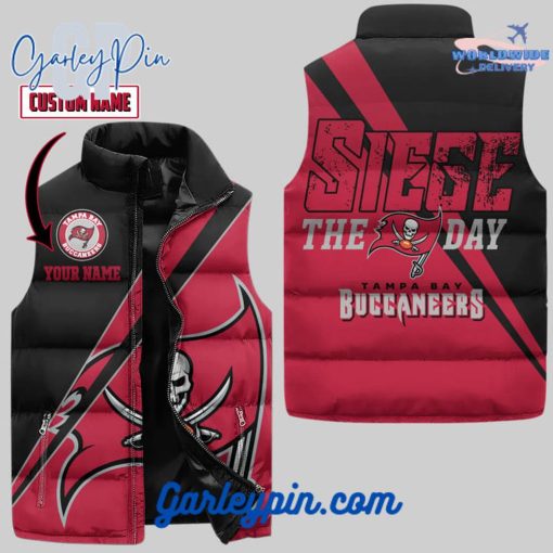 Tampa Bay Buccaneers Custom Name Black Red Sleeveless Puffer Jacket