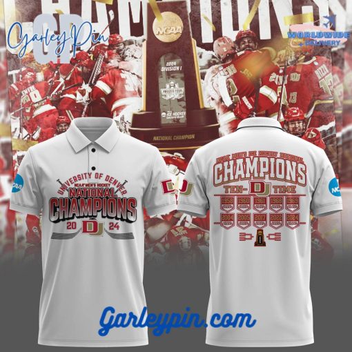 NCAA Denver Hockey Champions 2024 White Polo Shirt