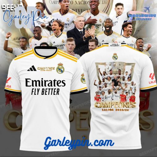 Real Madrid Laliga 23/24 Champions Emirates Fly Better White T-Shirt